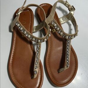 Unisa metallic gold with rhinestones and pearls thong sandals size 9